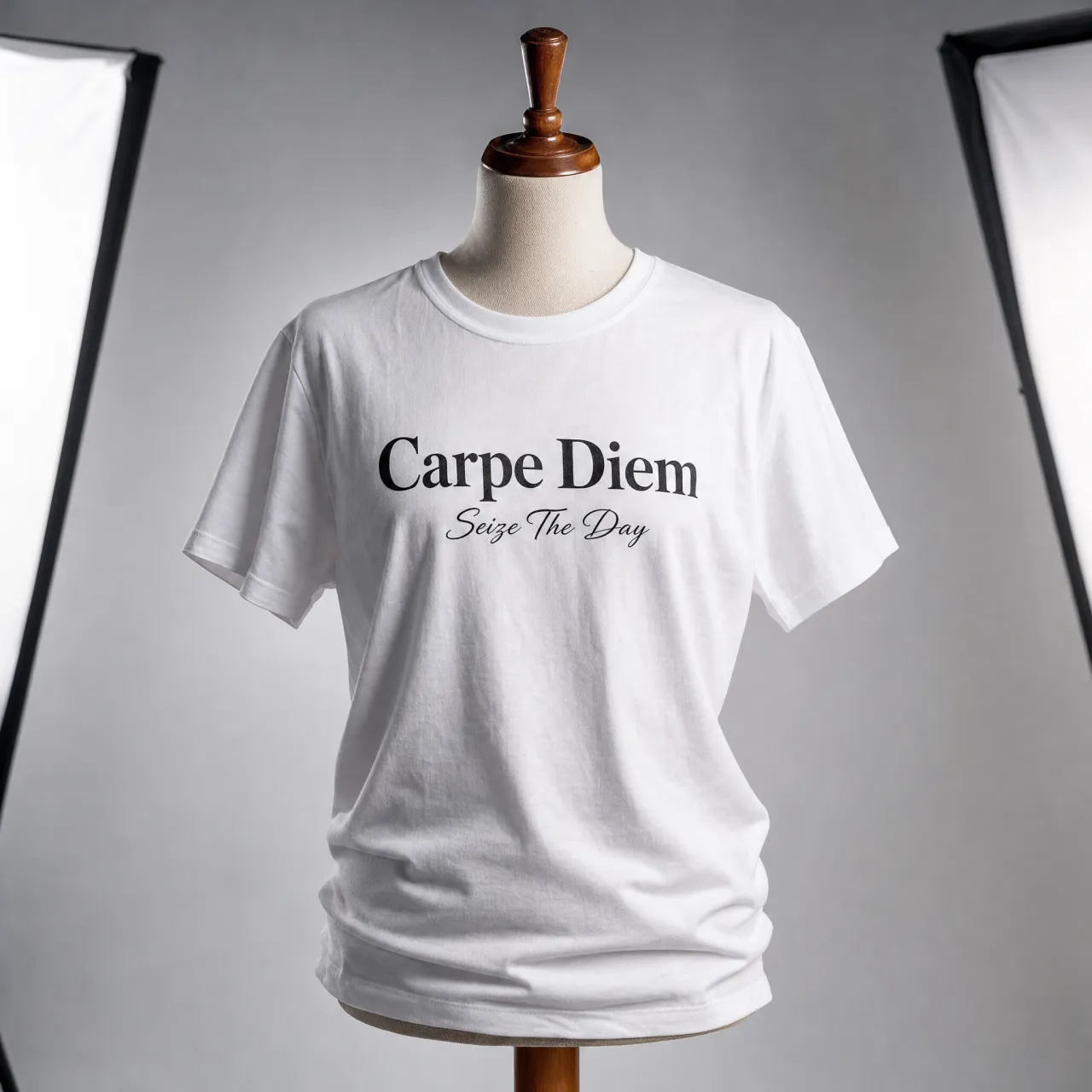 A wrinkled white T-shirt with "Carpe Diem" in bold serif font and "Seize The Day" in… - OpenAI GPT Image 2