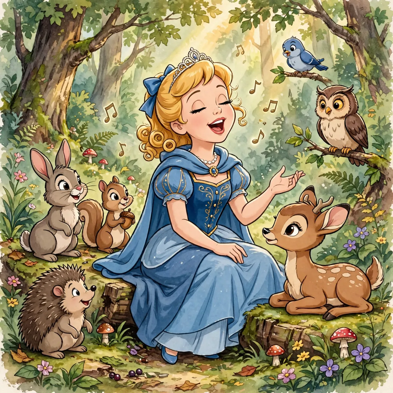 A classic Disney-like 2D cartoon princess singing with animals in a forest - Meta Muse Image