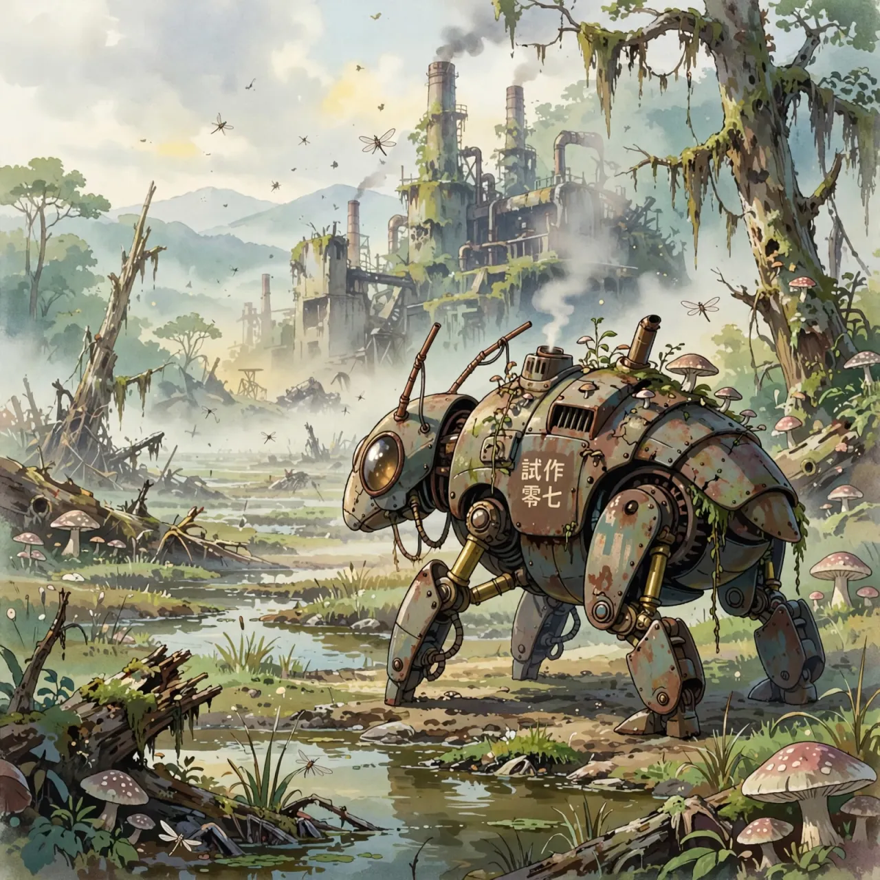 A mechanical creature in a polluted landscape. Capture the visual aesthetic of 'Nausicaä'… - Meta Muse Image