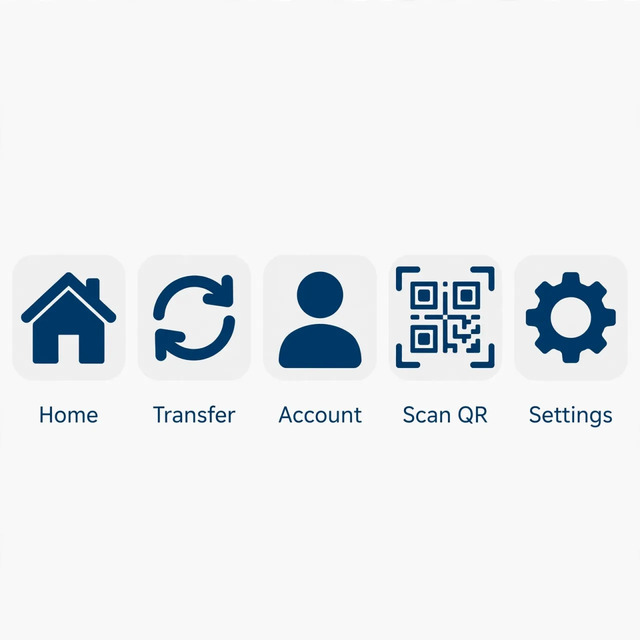 Set of 5 consistent flat design icons for a mobile banking app: 'Home', 'Transfer'… - Meta Muse Image