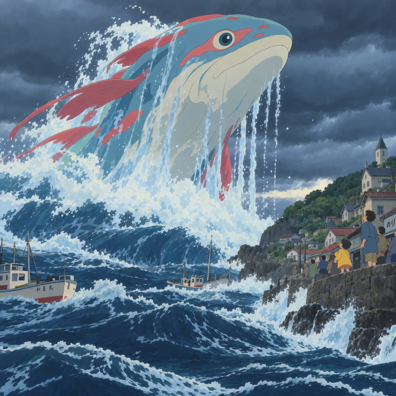 A sea creature rising from a stormy ocean near a village. Replicate the visual style of… - Takumi 1.1