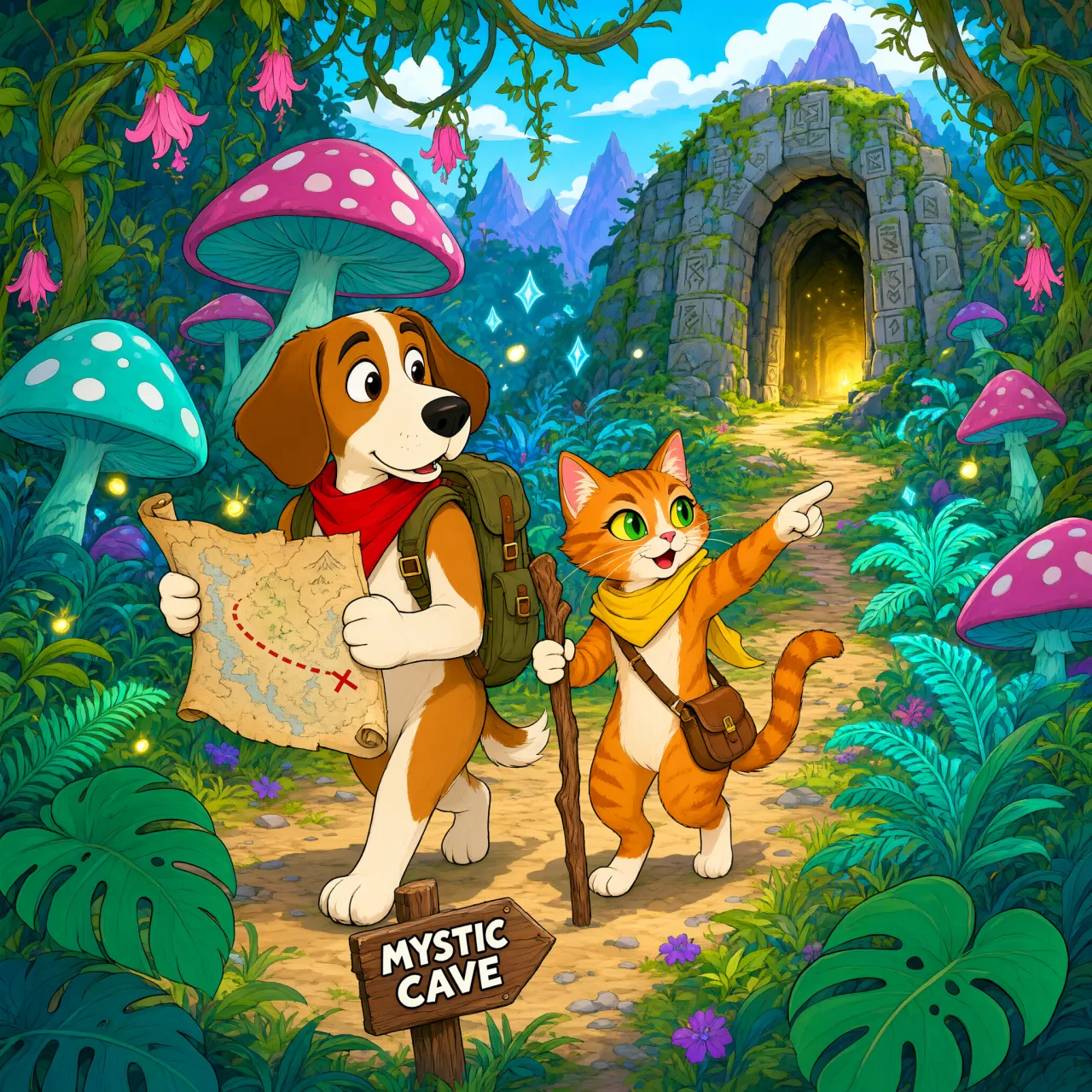 A cartoon of a cat and a dog on an adventure, drawn in a colorful 2D style - Alibaba Qwen-Image-3.0-Pro