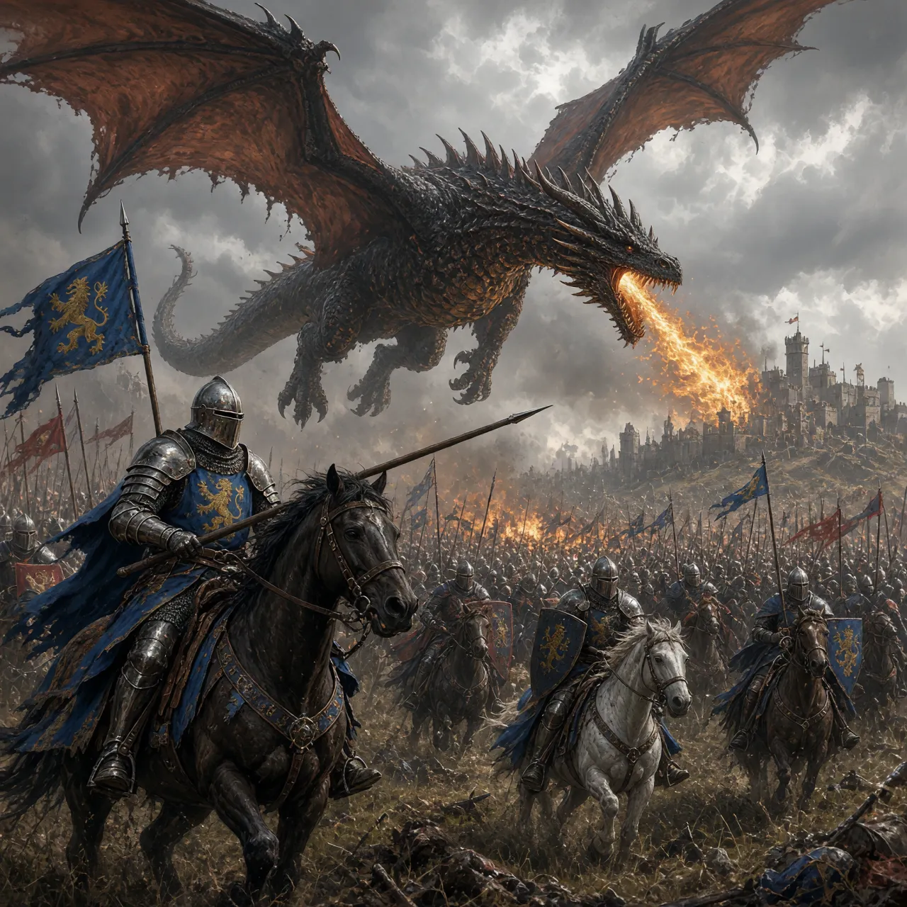 A medieval battlefield with knights on horseback and a dragon flying overhead - XAI Grok Imagine 2.0