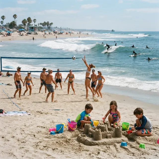 A beach scene: adults playing volleyball, kids building sandcastles, and surfers riding… - Google Nano Banana 2 Lite