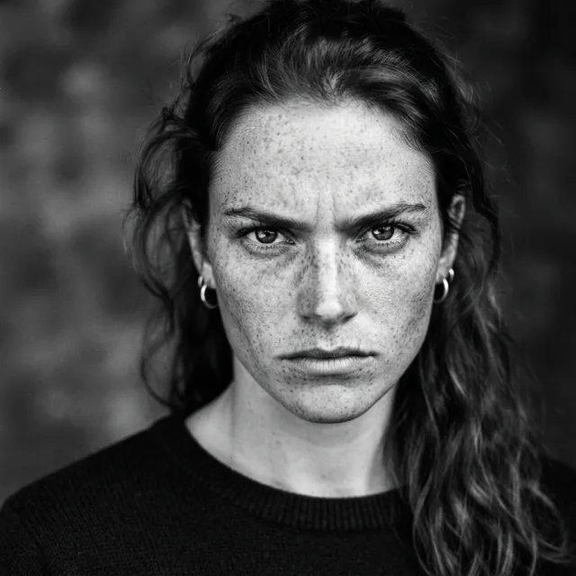 A black and white close-up portrait of a freckled woman with an intense gaze - Google Nano Banana 2 Lite
