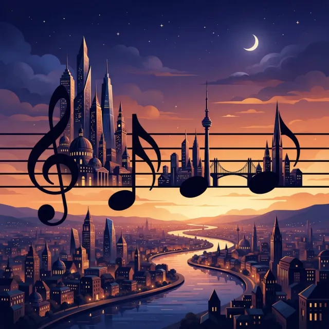 A city skyline that forms the shape of musical notes on a staff, created in a stylized… - Google Nano Banana 2 Lite