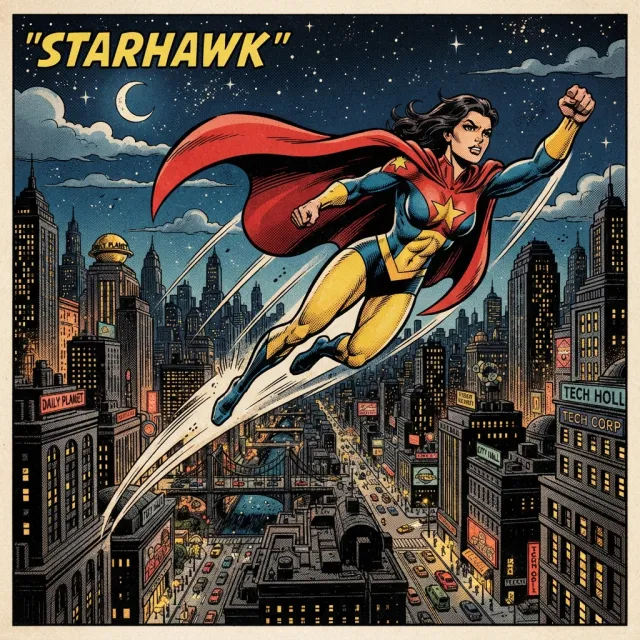 A comic-book style superhero flying over a city at night, with halftone shading - Google Nano Banana 2 Lite