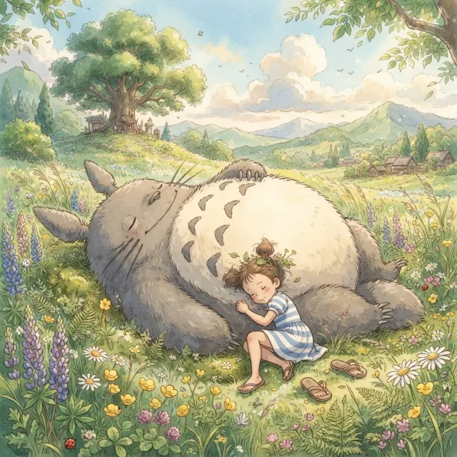 A girl and a giant fluffy creature napping in a wildflower meadow. Reproduce the art… - Google Nano Banana 2 Lite