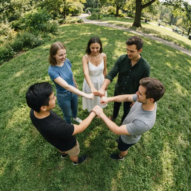 A group of five people joining hands in a circle, seen from above. - Nano Banana 2 Lite