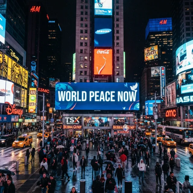 A large storefront billboard at Times Square displaying the slogan “WORLD PEACE NOW” in… - Google Nano Banana 2 Lite