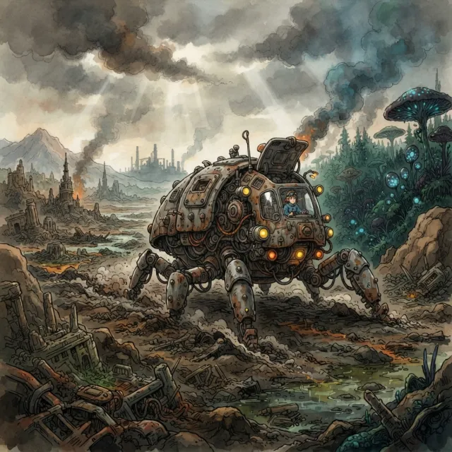 A mechanical creature in a polluted landscape. Capture the visual aesthetic of 'Nausicaä'… - Google Nano Banana 2 Lite