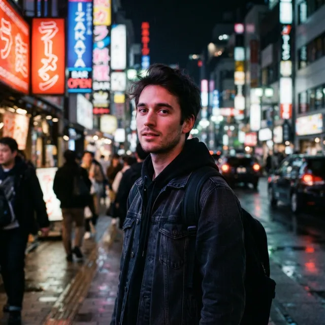 A nighttime portrait of a man lit by neon signs on a city street - Google Nano Banana 2 Lite