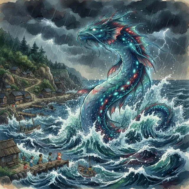 A sea creature rising from a stormy ocean near a village. Replicate the visual style of… - Google Nano Banana 2 Lite
