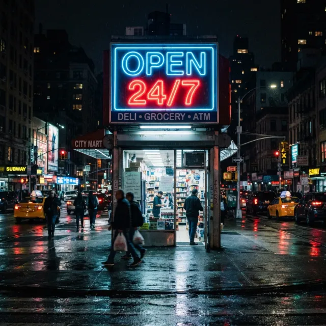 A storefront sign that says "Open 24/7" in neon lights, nighttime urban photography - Google Nano Banana 2 Lite