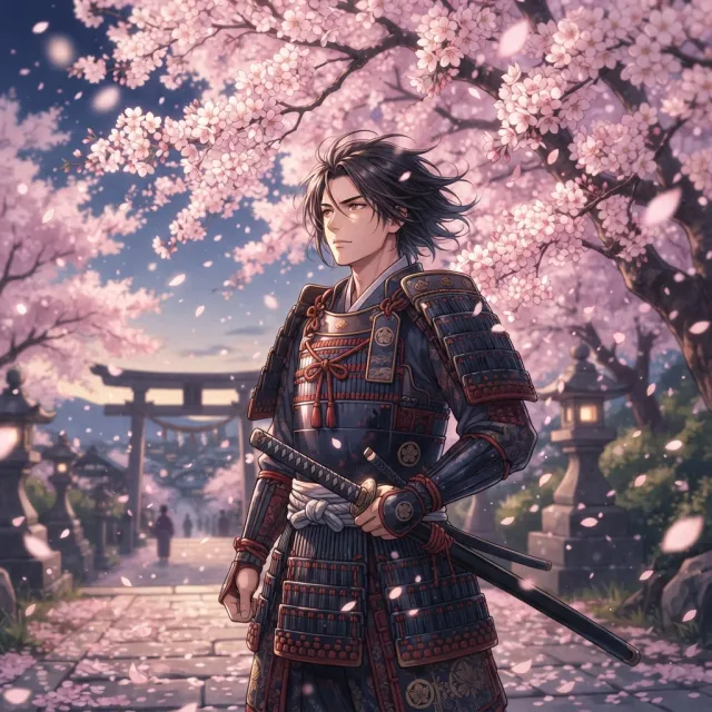 An anime-style portrait of a samurai standing under pink cherry blossoms - Google Nano Banana 2 Lite