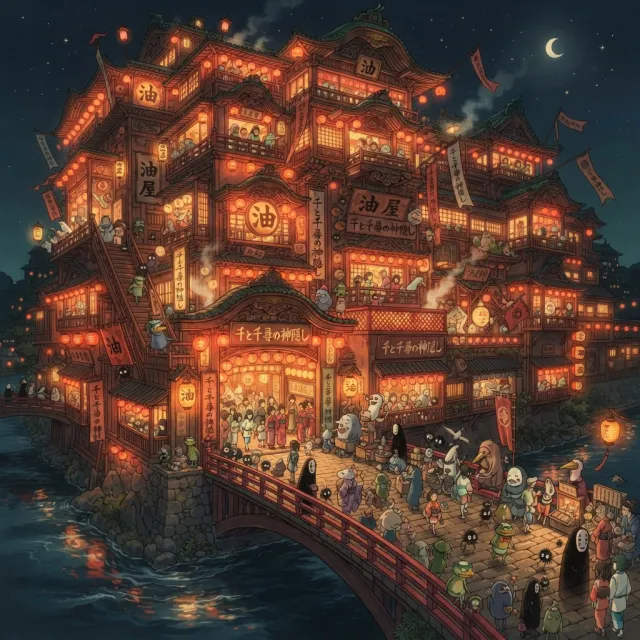 An enchanted bathhouse with glowing lanterns and spirits. Recreate the visual style of… - Google Nano Banana 2 Lite
