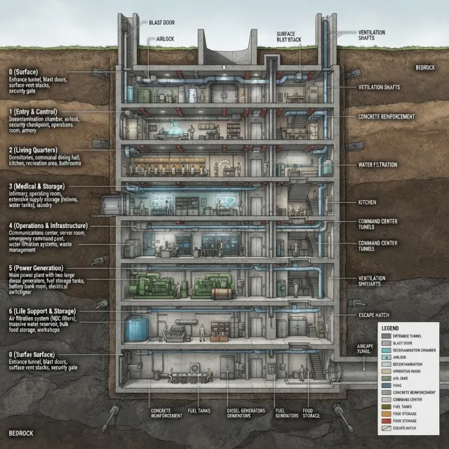 Cross-section rendering of a multi-level underground bunker with different functional… - Google Nano Banana 2 Lite