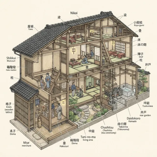 Cutaway architectural drawing of a traditional Japanese machiya townhouse showing all… - Google Nano Banana 2 Lite