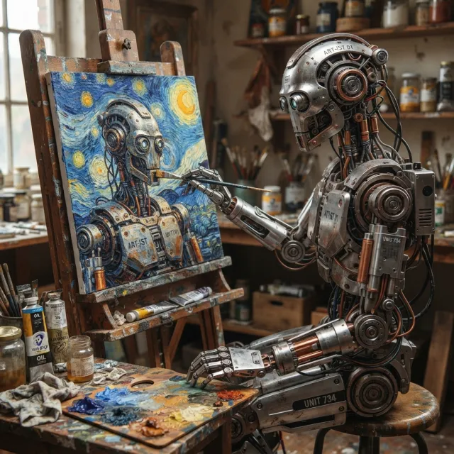 Photorealistic image of a robot painting a realistic self-portrait (i.e. the robot) on… - Google Nano Banana 2 Lite