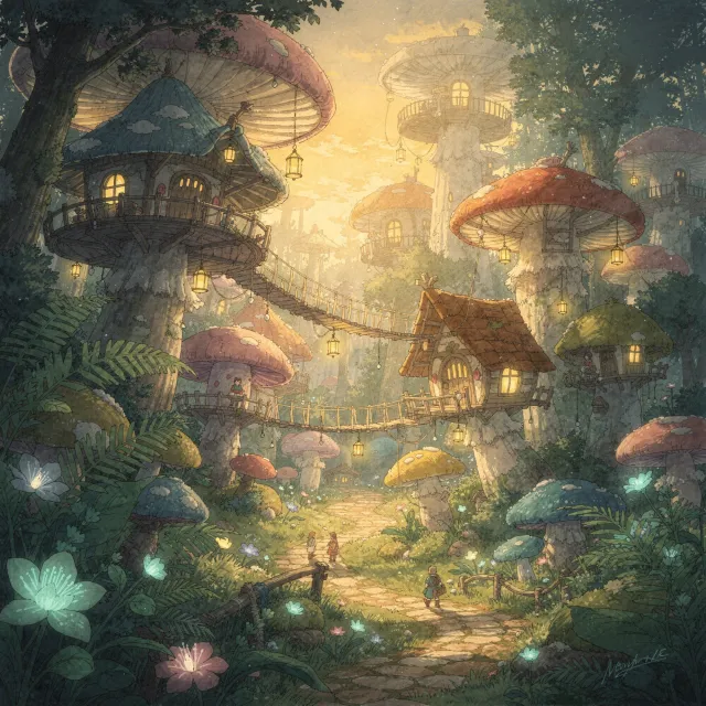 A forest of giant mushrooms with houses built on top of them, rendered in a whimsical… - Black Forest Labs FLUX.2 Max