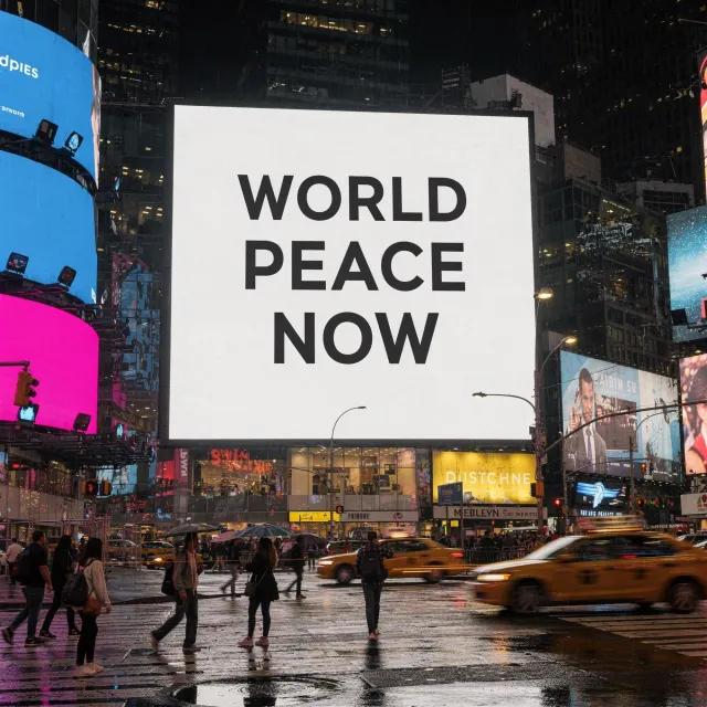 A large storefront billboard at Times Square displaying the slogan “WORLD PEACE NOW” in… - Black Forest Labs FLUX.2 Max