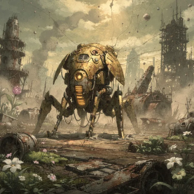 A mechanical creature in a polluted landscape. Capture the visual aesthetic of 'Nausicaä'… - Black Forest Labs FLUX.2 Max