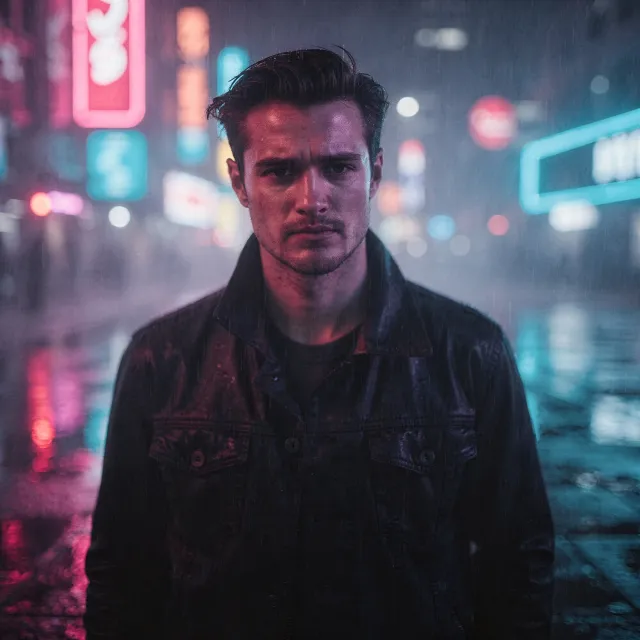 A nighttime portrait of a man lit by neon signs on a city street - Black Forest Labs FLUX.2 Max