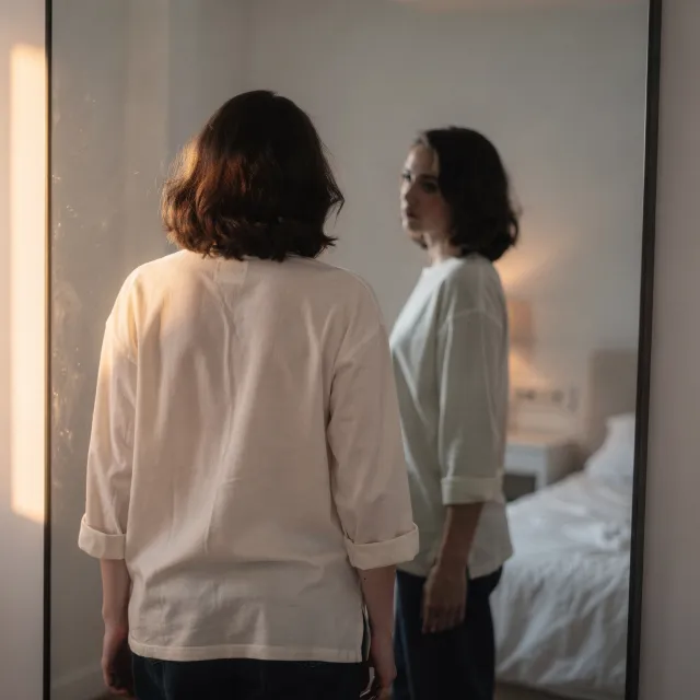 A person standing before a mirror, with their front and reflected back both visible. - FLUX.2 Max