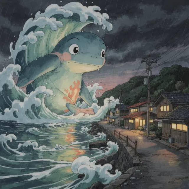 A sea creature rising from a stormy ocean near a village. Replicate the visual style of 'Ponyo' by Studio Ghibli, with Miyazaki's fluid water animations and vibrant creatures. - FLUX.2 Max