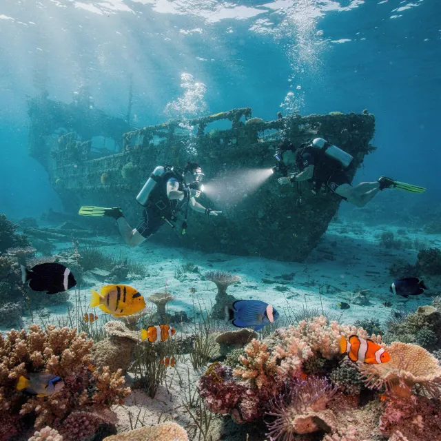 An underwater scene with scuba divers exploring a coral reef alongside colorful fish and… - Black Forest Labs FLUX.2 Max