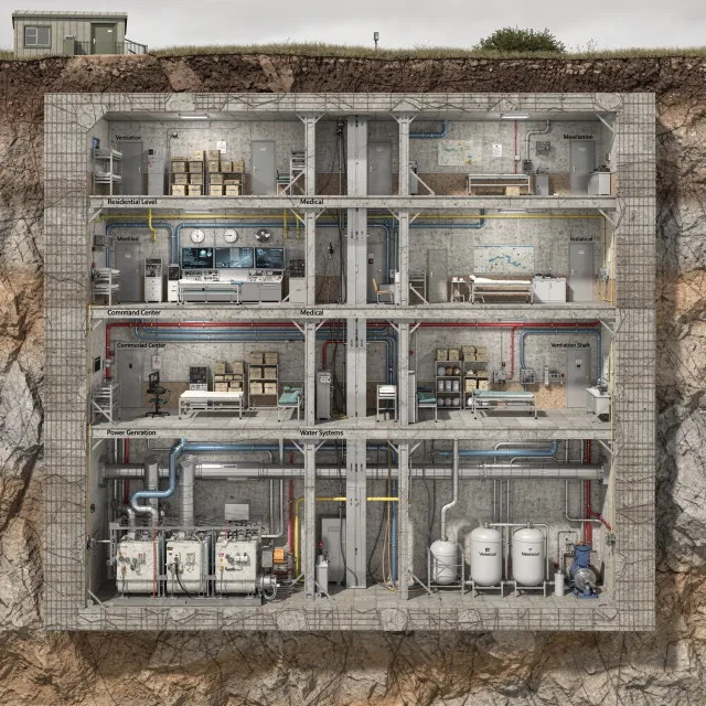 Cross-section rendering of a multi-level underground bunker with different functional… - Black Forest Labs FLUX.2 Max