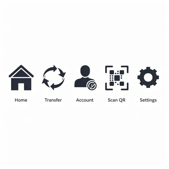 Set of 5 consistent flat design icons for a mobile banking app: 'Home', 'Transfer'… - Black Forest Labs FLUX.2 Max