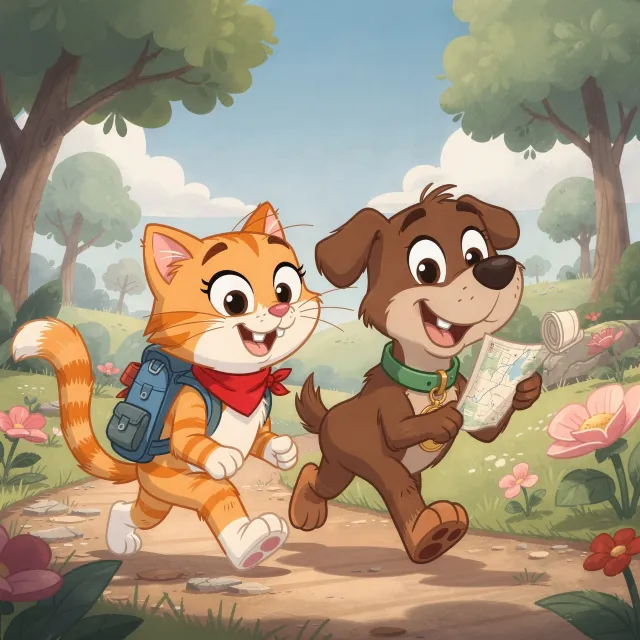 A cartoon of a cat and a dog on an adventure, drawn in a colorful 2D style - Black Forest Labs Flux 2 Pro