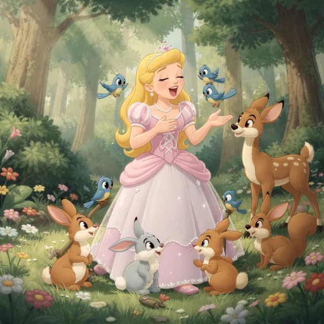 A classic Disney-like 2D cartoon princess singing with animals in a forest - Black Forest Labs Flux 2 Pro