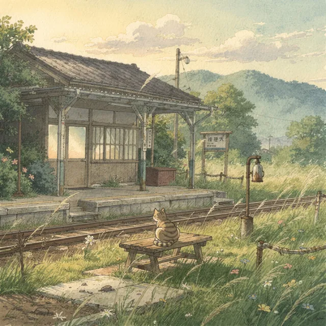 A countryside train station with a cat waiting on a bench. Rendered in Studio Ghibli… - Black Forest Labs Flux 2 Pro