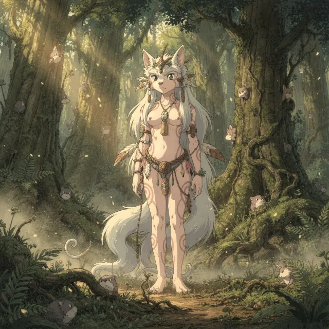 A forest spirit standing among tall trees. Replicate the artistic style of 'Princess… - Black Forest Labs Flux 2 Pro
