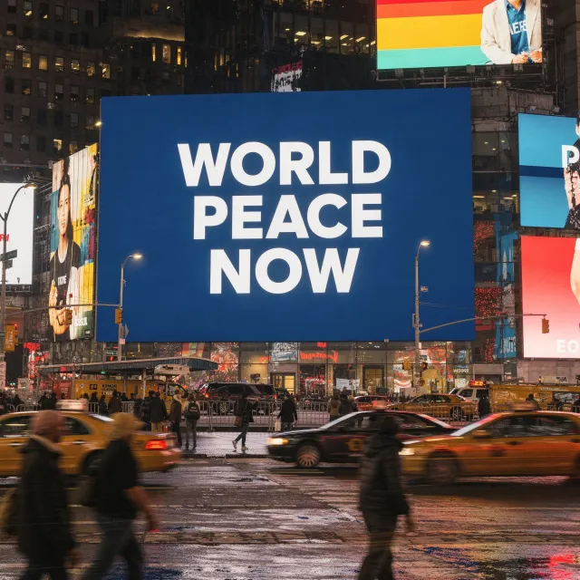 A large storefront billboard at Times Square displaying the slogan “WORLD PEACE NOW” in… - Black Forest Labs Flux 2 Pro