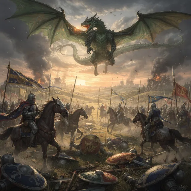 A medieval battlefield with knights on horseback and a dragon flying overhead - Black Forest Labs Flux 2 Pro