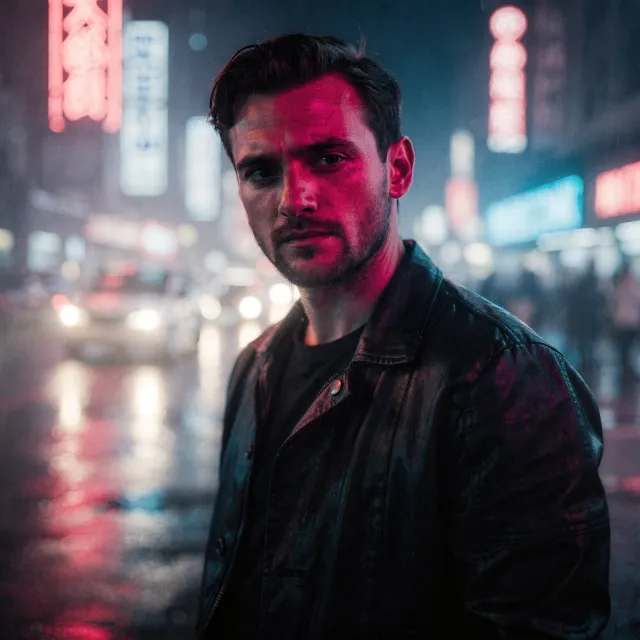 A nighttime portrait of a man lit by neon signs on a city street - Black Forest Labs Flux 2 Pro
