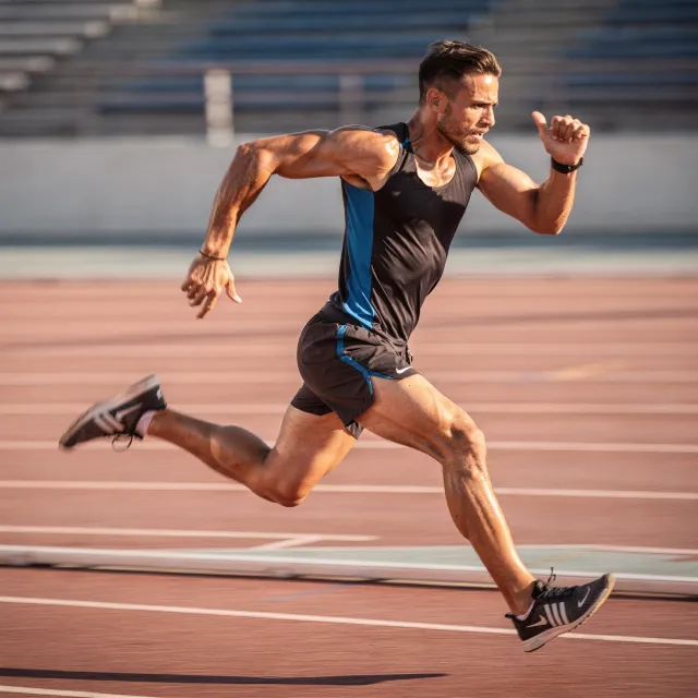 A runner mid-stride in a full-body action shot, limbs in motion and well-defined - Black Forest Labs Flux 2 Pro