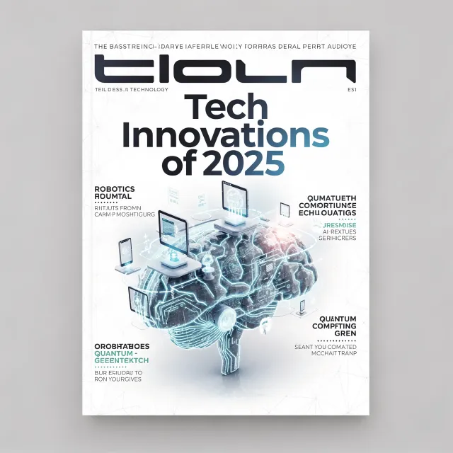A technology magazine cover featuring the headline "Tech Innovations of 2025," clean modern design style. - Flux 2 Pro