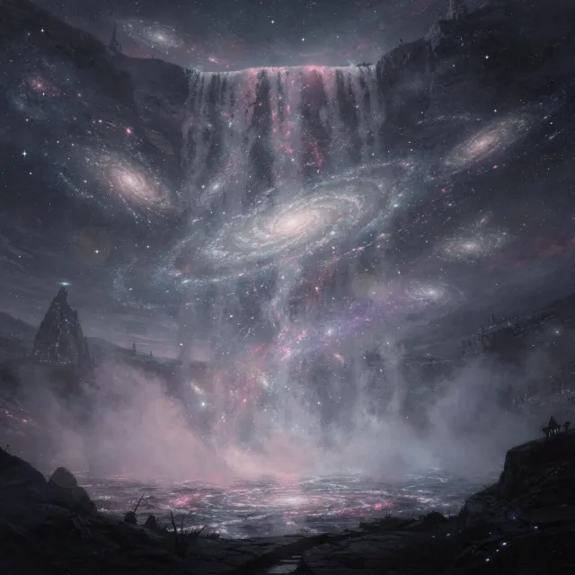 A waterfall that pours out stars and galaxies instead of water, illustrated in a cosmic fantasy style with vibrant space colors and dramatic lighting effects. - Flux 2 Pro