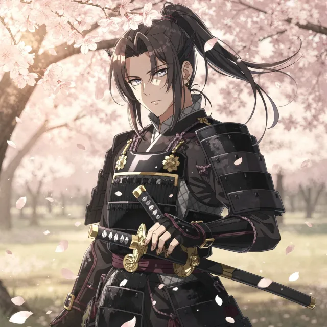 An anime-style portrait of a samurai standing under pink cherry blossoms. - Flux 2 Pro