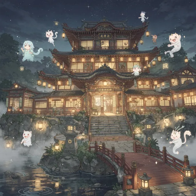 An enchanted bathhouse with glowing lanterns and spirits. Recreate the visual style of… - Black Forest Labs Flux 2 Pro