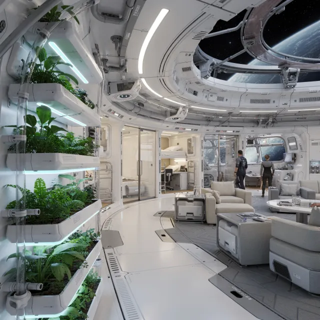 Interior of a futuristic space habitat with hydroponics gardens, communal areas, and… - Black Forest Labs Flux 2 Pro