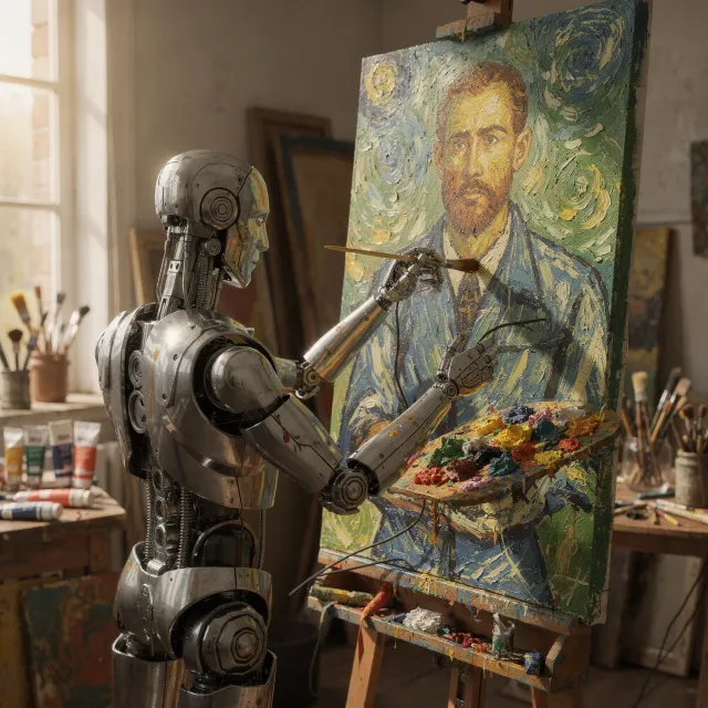 Photorealistic image of a robot painting a realistic self-portrait (i.e. the robot) on… - Black Forest Labs Flux 2 Pro