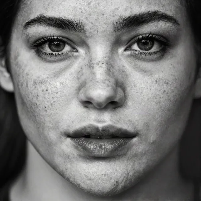 A black and white close-up portrait of a freckled woman with an intense gaze - Alibaba Z-Image Turbo