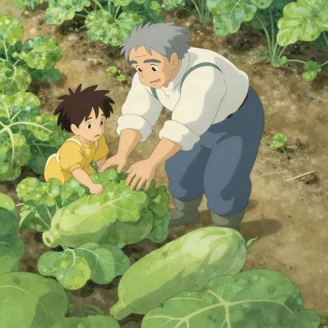 A child and elder tending oversized vegetables in a garden. Reproduce the artistic style… - Alibaba Z-Image Turbo