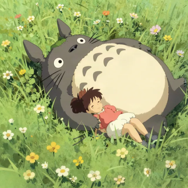 A girl and a giant fluffy creature napping in a wildflower meadow. Reproduce the art… - Alibaba Z-Image Turbo