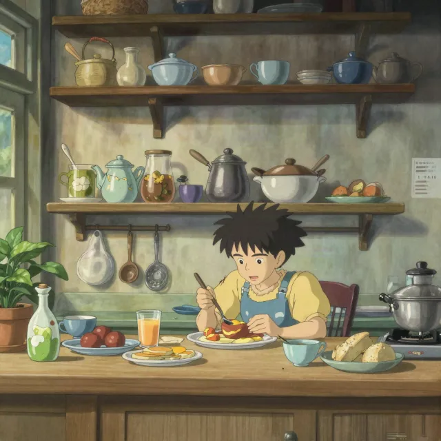 A kitchen with magical cooking implements preparing breakfast. Duplicate the artistic… - Alibaba Z-Image Turbo